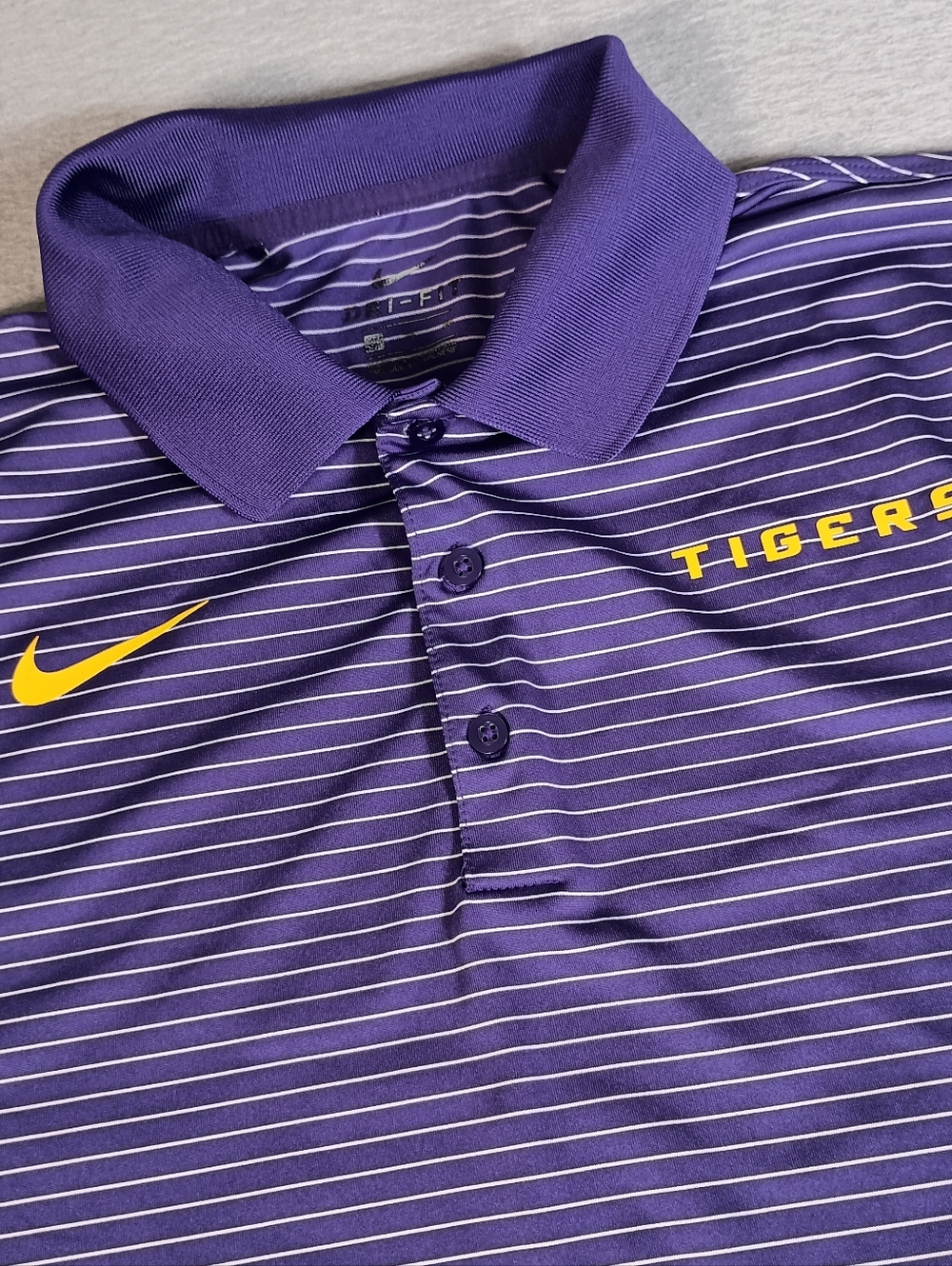 Nike Dri Fit LSU Tigers Performance Striped Stretch Purple Embroidered Polo